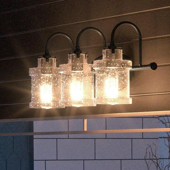 Luxury Modern Farmhouse Indoor Bath Fixture, 9.75''H x 24.00''W, with Vintage Style Elements, Traditional Design, Natural Black Finish and Clear Seeded Glass, UQL3979