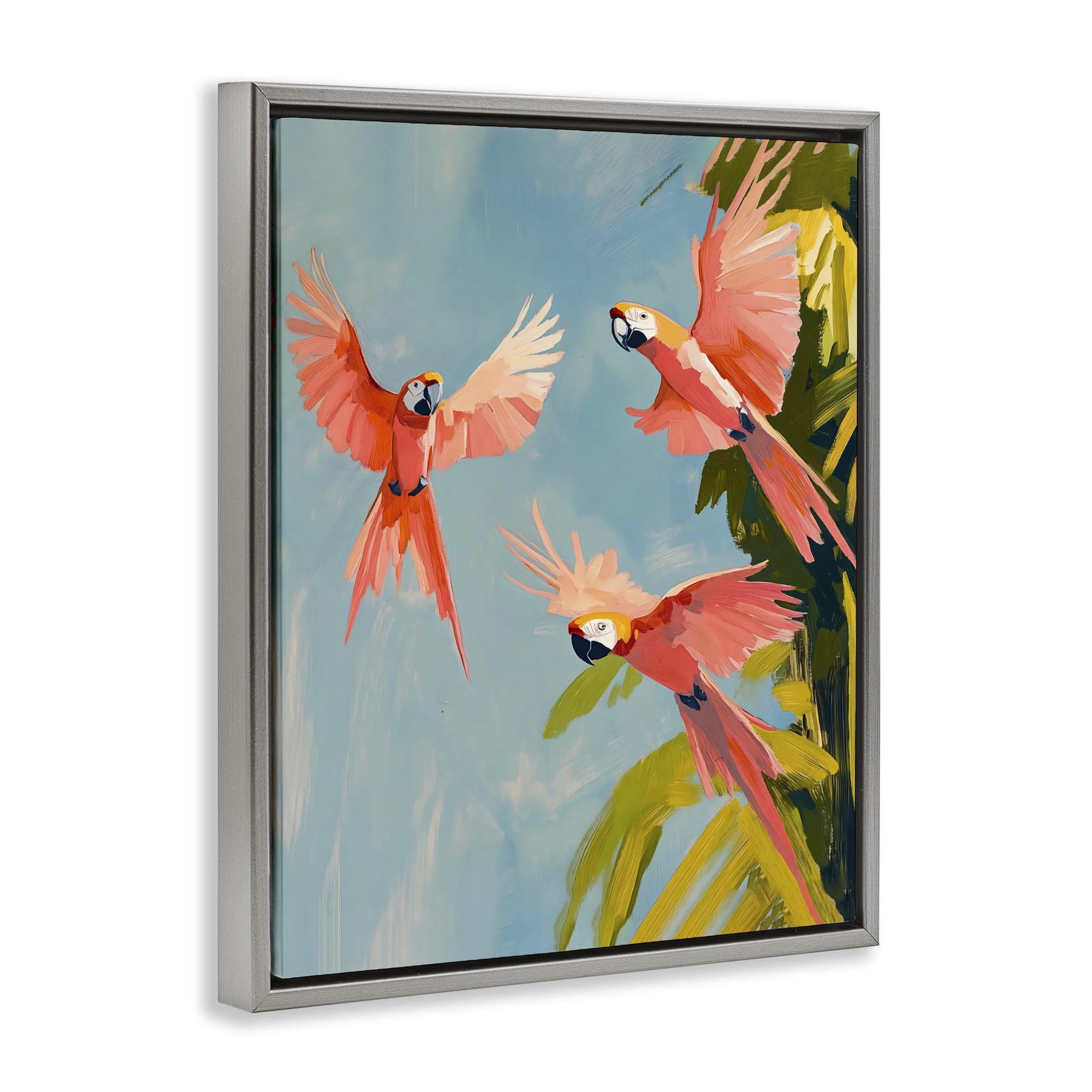 Stupell Industries Botanical Parrots in Flight Gray Framed Floater Canvas Wall Art, design by The Prints Vibe