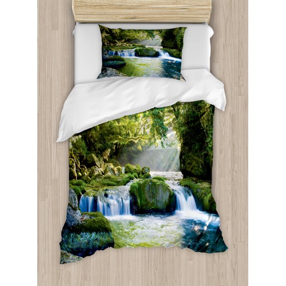 Rainforest Duvet Cover Set Twin Size, Foliage Jungle Misty Mountains Waterside River Shaft with Sunbeams Image, Decorative 2 Piece Bedding Set with 1 Pillow Sham, Green Yellow Blue, by Ambesonne