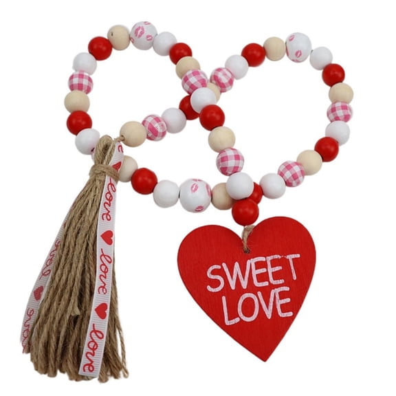 Valentines Day Wood Bead Garland with Tassels,Rustic Wooden Beads Garland Hanging Wooden Love Heart Ornaments Tiered Tray Decorations Wall Hanging Decor