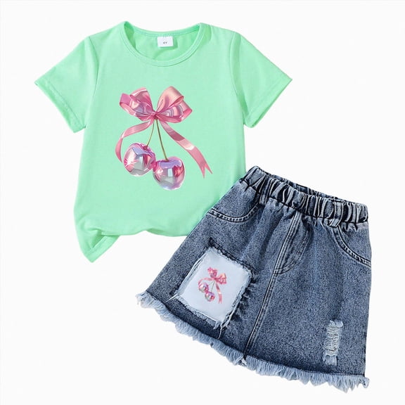 BOBOGOJP Kid Girls Clothes Outfits Bowknot T-Shirt 2 In 1 Denim Short Skort Summer Clothing Set, Size 4-10