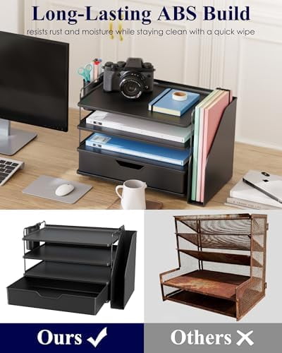 Quivanta Desk Organizer - 4-Tier Office Desk Accessories with Drawer ＆ Pen Holder, Tool-Free Assembly Organizer with Non-Slip Pads, for Office Supplies Storage, Plastic, 13.3" x 8.0" x 10.8", Black