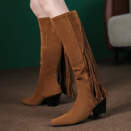 

FZM Women shoes cowboy boots Ladies Simple Fashion Square Heel Square Toe Solid Color Back Fringe Retro Mid High Boots