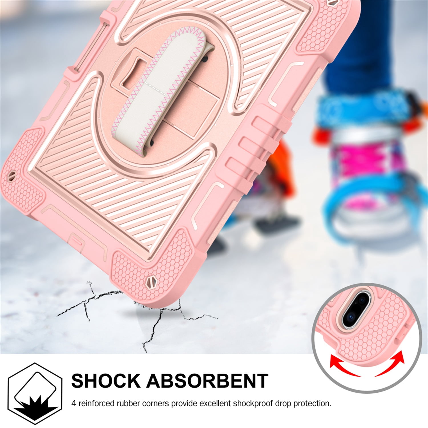 Tarise Case for Apple iPad 10th Generation 10.9 inch (2022), 360° Rotating Kickstand with Pencil Holder/ Hand Strap/ Shoulder Strap Hard PC Rugged Silicone Shockproof Bumper Stand Cover, Rosegold