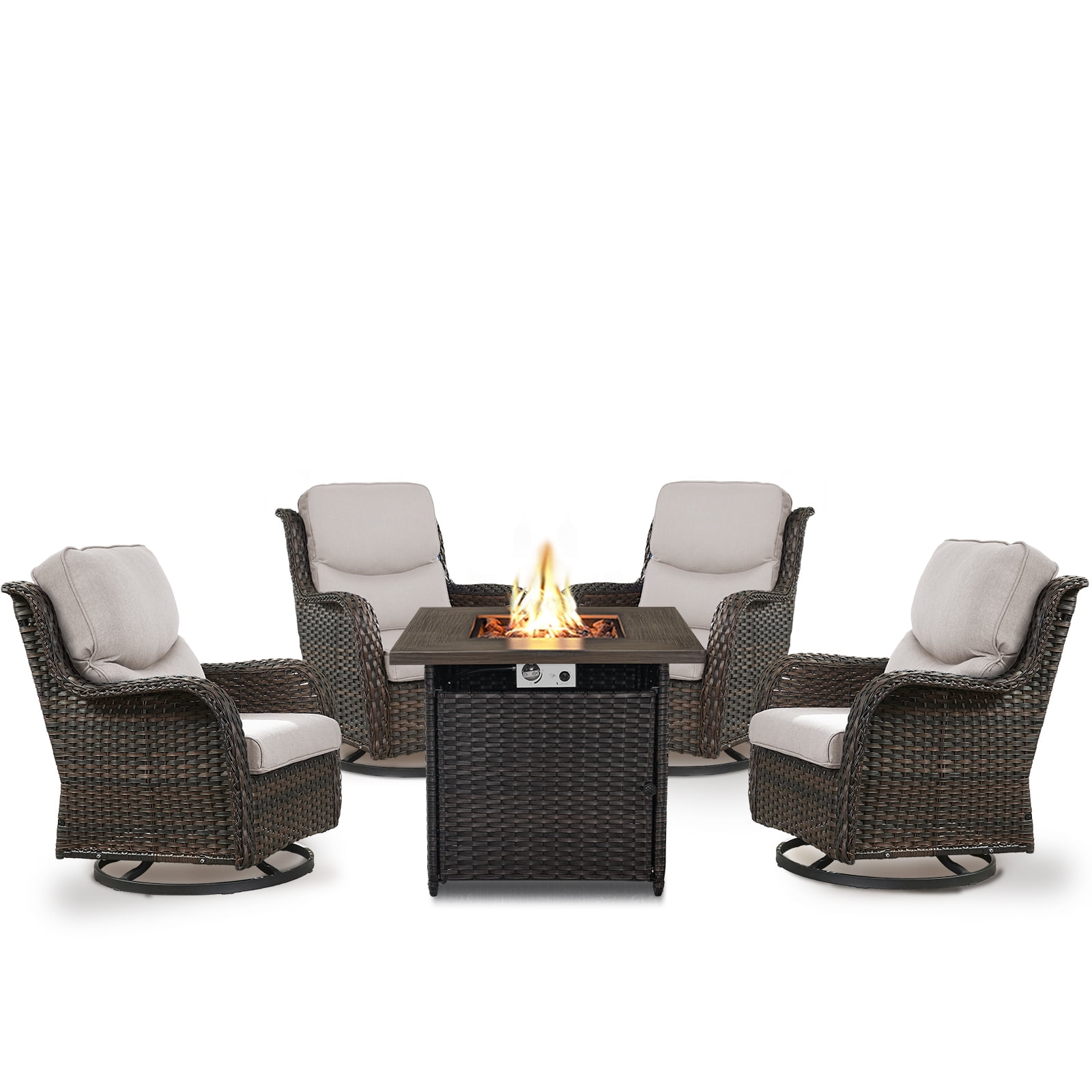 OPOHORO Swivel Outdoor Chair Set of 4 with 30" Propane Fire Pit Table, Patio Furniture Set with Firepit Brown Wicker High Back Patio Swivel Chairs for Garden Balcony Porch - Brown/Beige