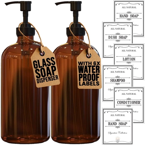Dispensador de jabón Sunrise Premium, vidrio ámbar grueso, 480 ml, paquete de 2