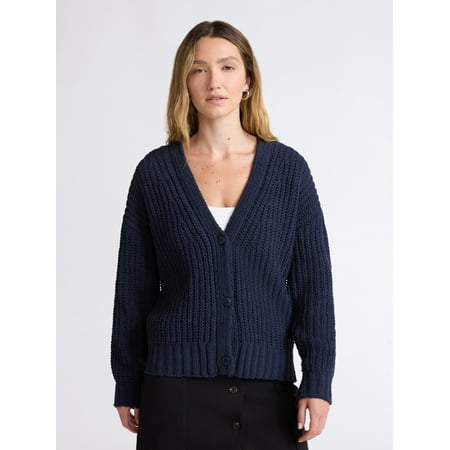Scoop Women's Oversized Ribbed Cardigan Sweater, Midweight, Sizes XS-XXL