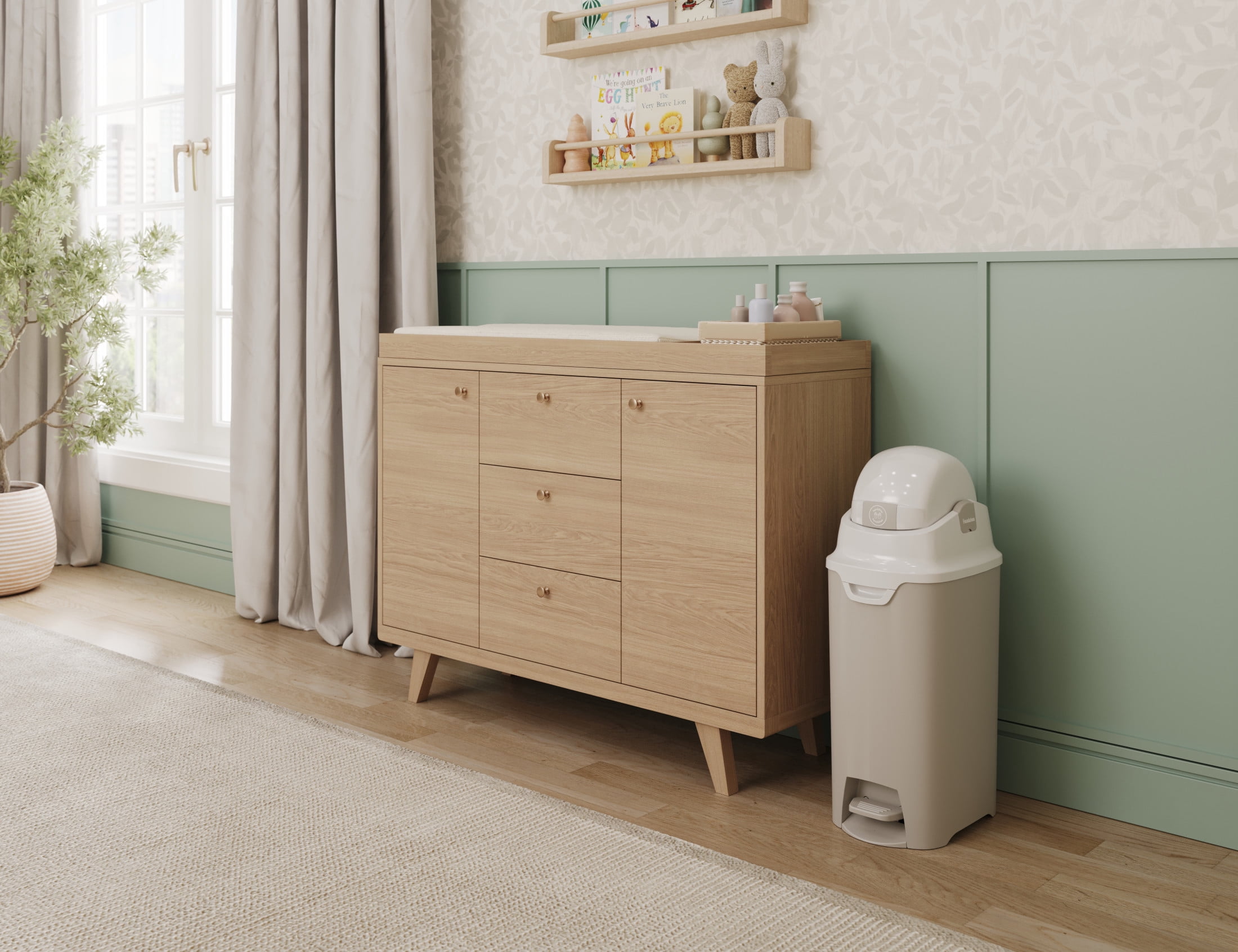 Foundations Hands Free Medium Diaper Pail with Airtight Lid - Durable & Odorless Diaper Disposal, Holds up to 45 Newborn Diapers, Refill With Any Bags - Sand