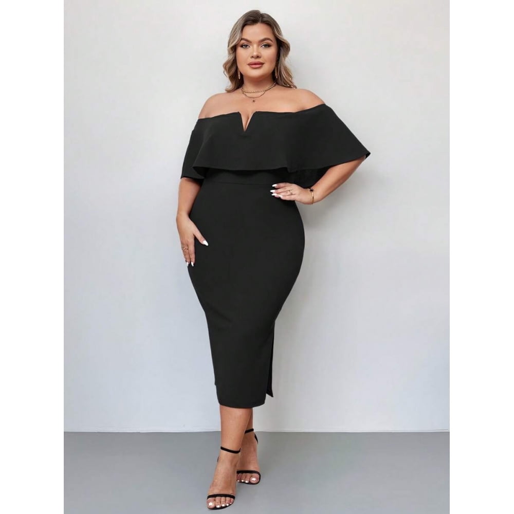 Black Plus Size Off-Shoulder Ruffle Detail Sheath Dress For Spring To Summer