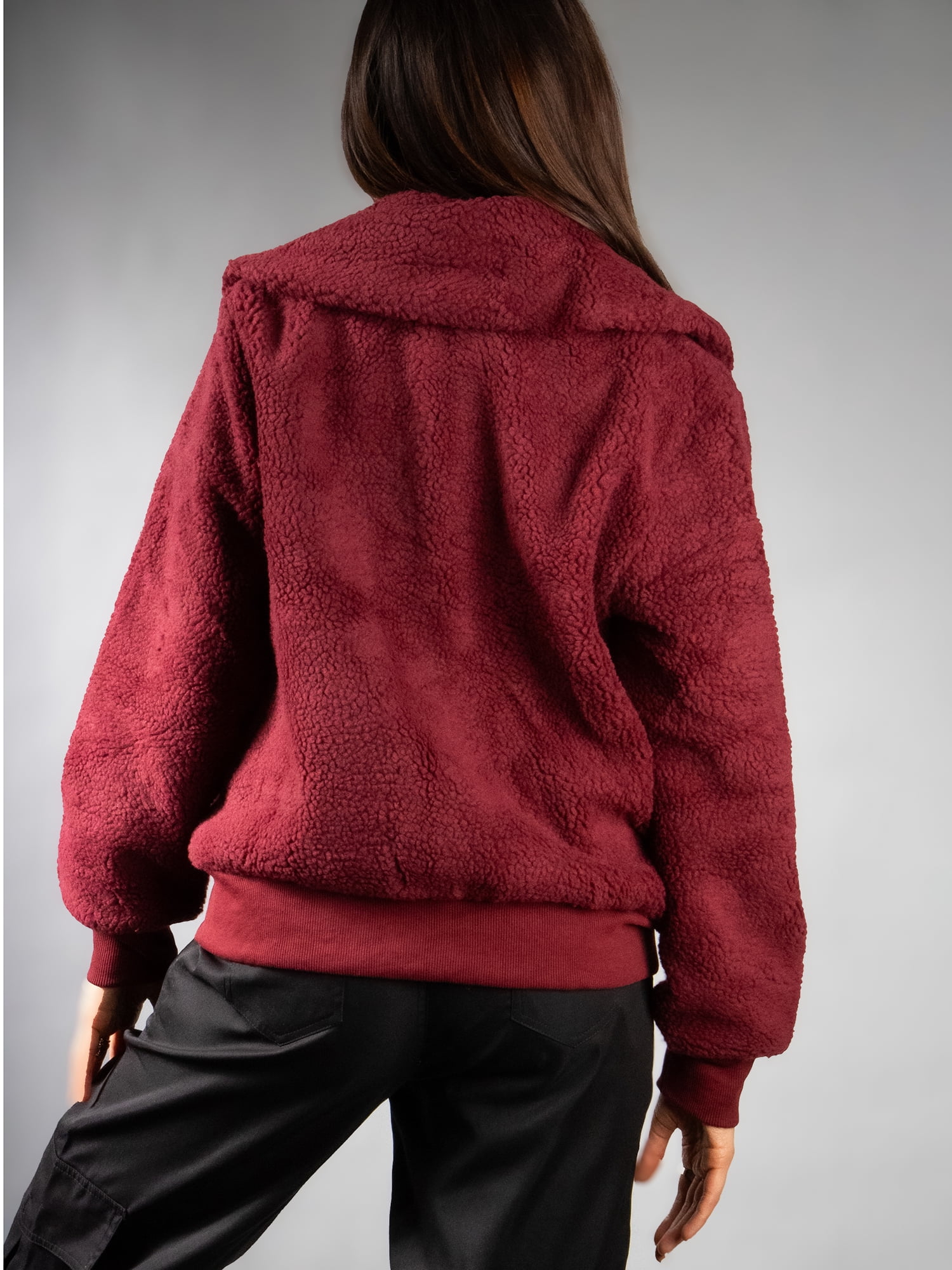 DARING DIVA Women's Stylish AK Plush Bomber Jacket M Burgundy
