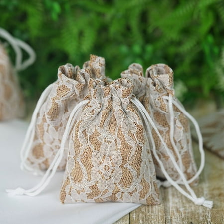 Balsacircle 10 Pcs Natural Brown Burlap Fl Lace Favor Bags With Balsacircle 10 Pcs Natural Brown Burlap Fl Lace Favor Bags With Pull String Wedding Party