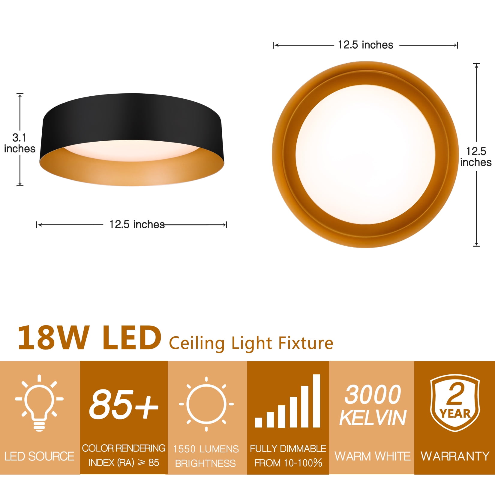 BESTOMINE Flush Mount Ceiling Light,12.5 inch LED Ceiling Light Fixture,Matte Black with Gold Inside,3000K/Warm White/18W(100w Equiv.),Dimmable Outdoor Lighting Fixtures Ceiling for Bedroom Hallway