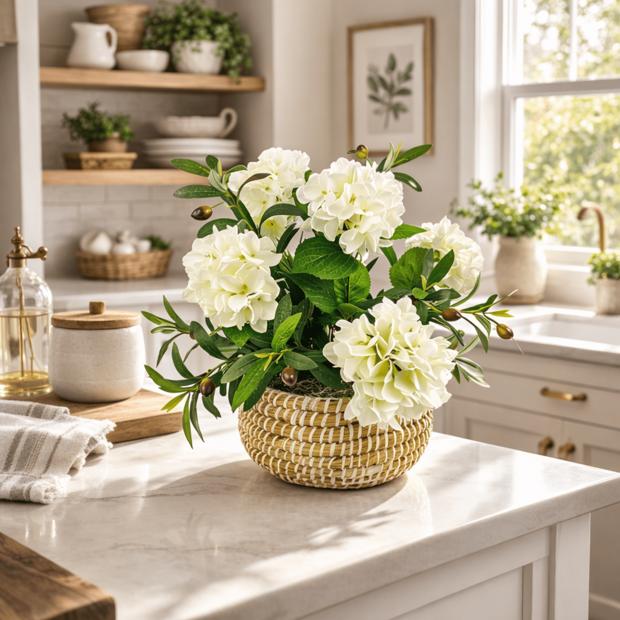 Artificial Plant, 1.67ft Artificial White Hydrangea Plant with Olive Branches in a White Basket by LCG Florals, Faux Designer Fake Indoor Tree for Living Room, Office, and Home Décor