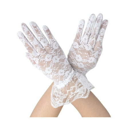 Sheer Lace Floral Tulle Bridal Wedding Gloves w/ Wrist Ruffle, White