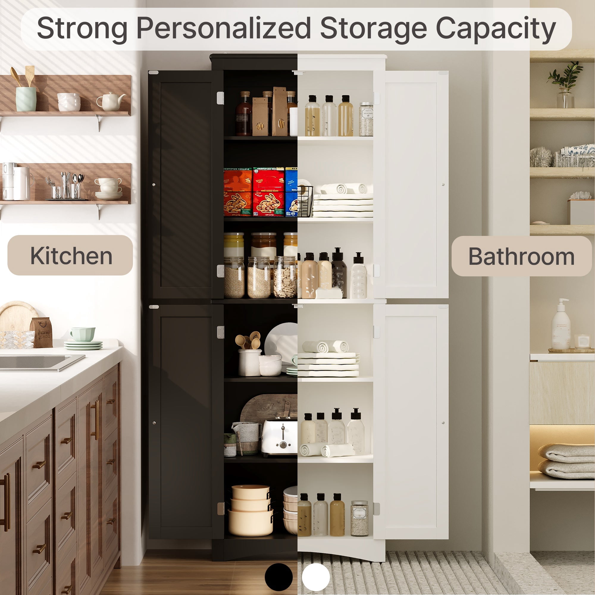 Aiho 66.9" Bathroom Storage Cabinet, Freestanding Wooden Linen Cabinet with 4 Doors & Adjustable Shelves for Bathroom, Kitchen, White