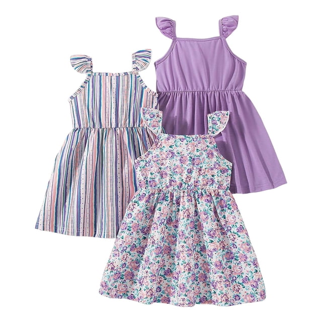 vigerkar Robes pour Filles Robe pour Tout-Petites Lot de 3 Robe Décontractée de Fête à Imprimé Robe Trapèze Robe d'Été (Violet, 7-8 Ans)