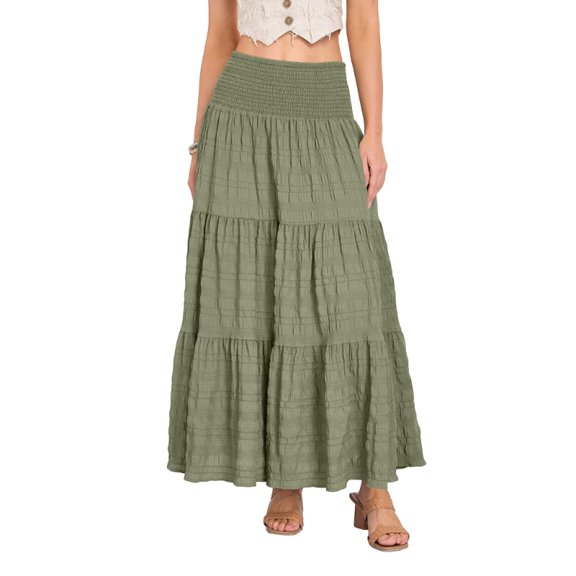 Women's Tiered Layered Smock High Stretch A-Line Flowy Long Maxi Skirt with Pockets