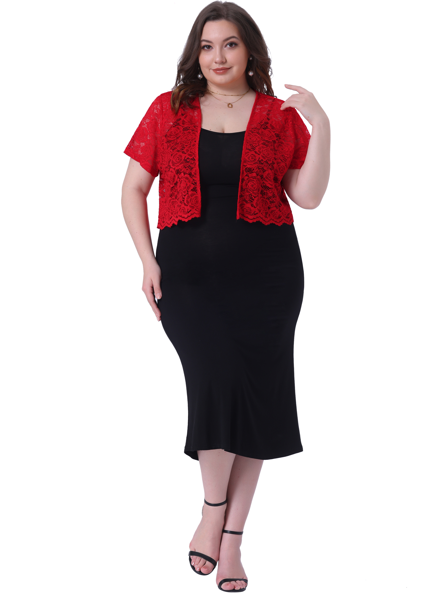 DARING DIVA Plus Size Bolero Short Sleeve Lace Shrug Cardigan 1X Red