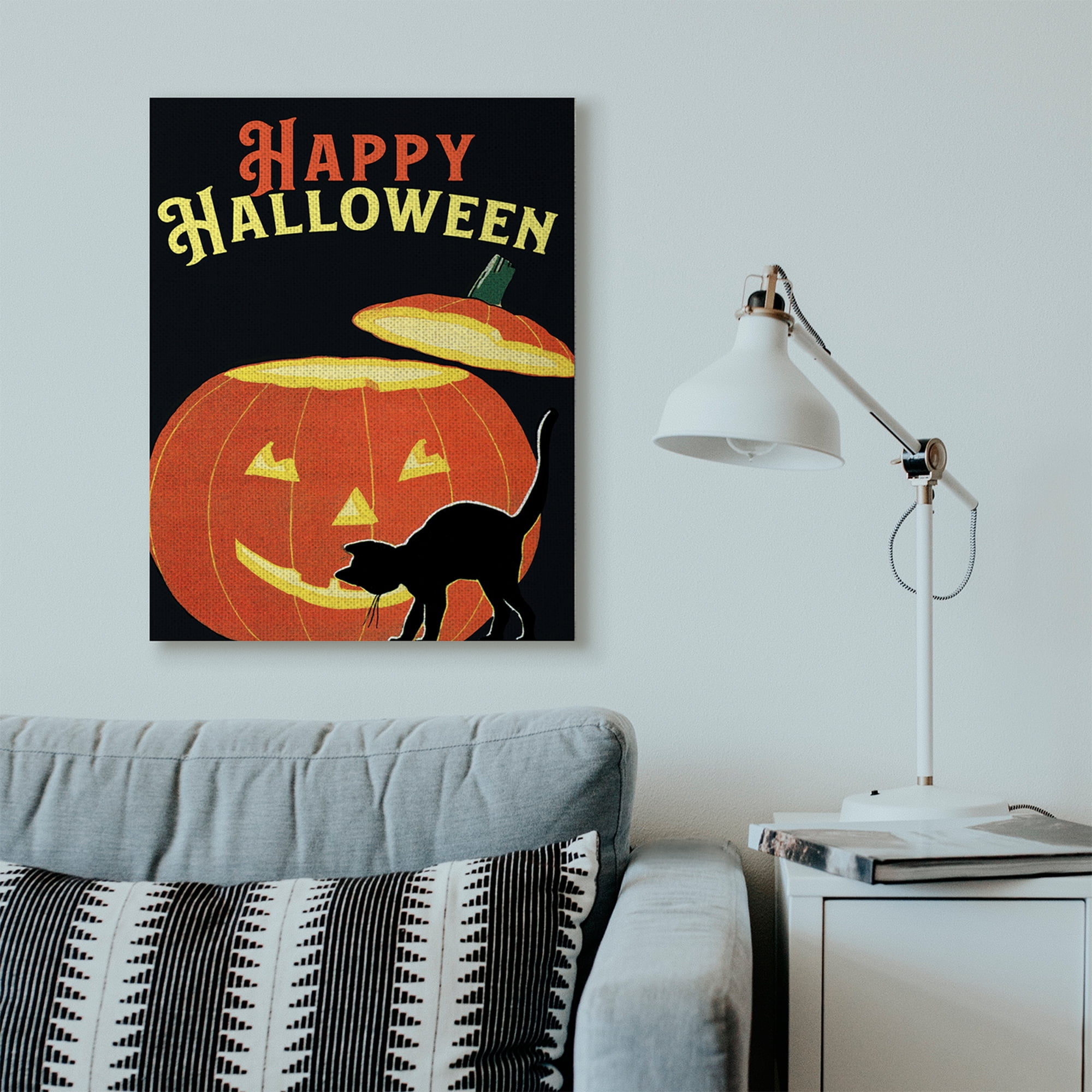 Stupell Home Décor Happy Halloween Pumpkin Cat Black Orange Word Design Canvas Wall Art by the Saturday Evening Post