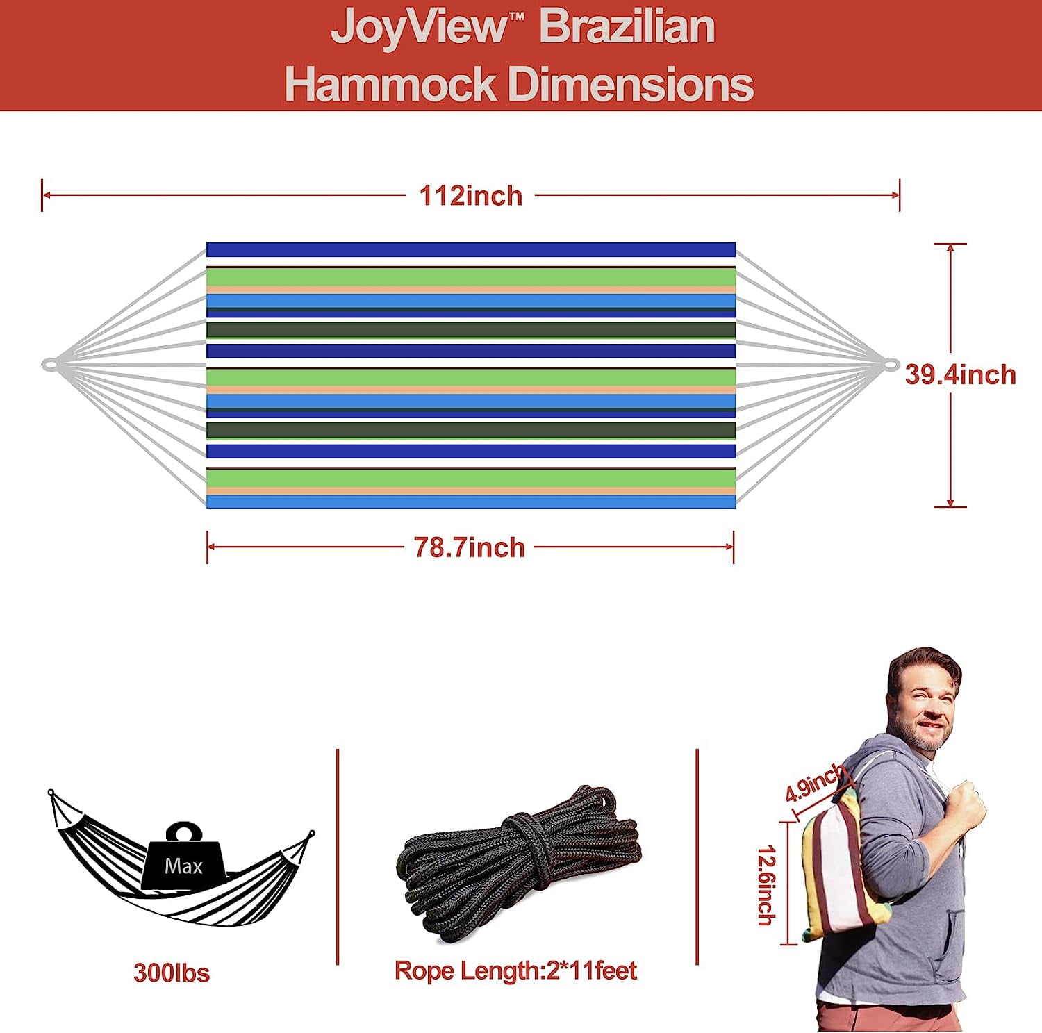 Brazilian Hammock for Single Person Portable Hammock with Hanging Ropes & Carry Bag Large 78.8x39.4” for Patio 300LBS Capacity Perfect for Outdoor/Indoor - Blue & Green Stripes