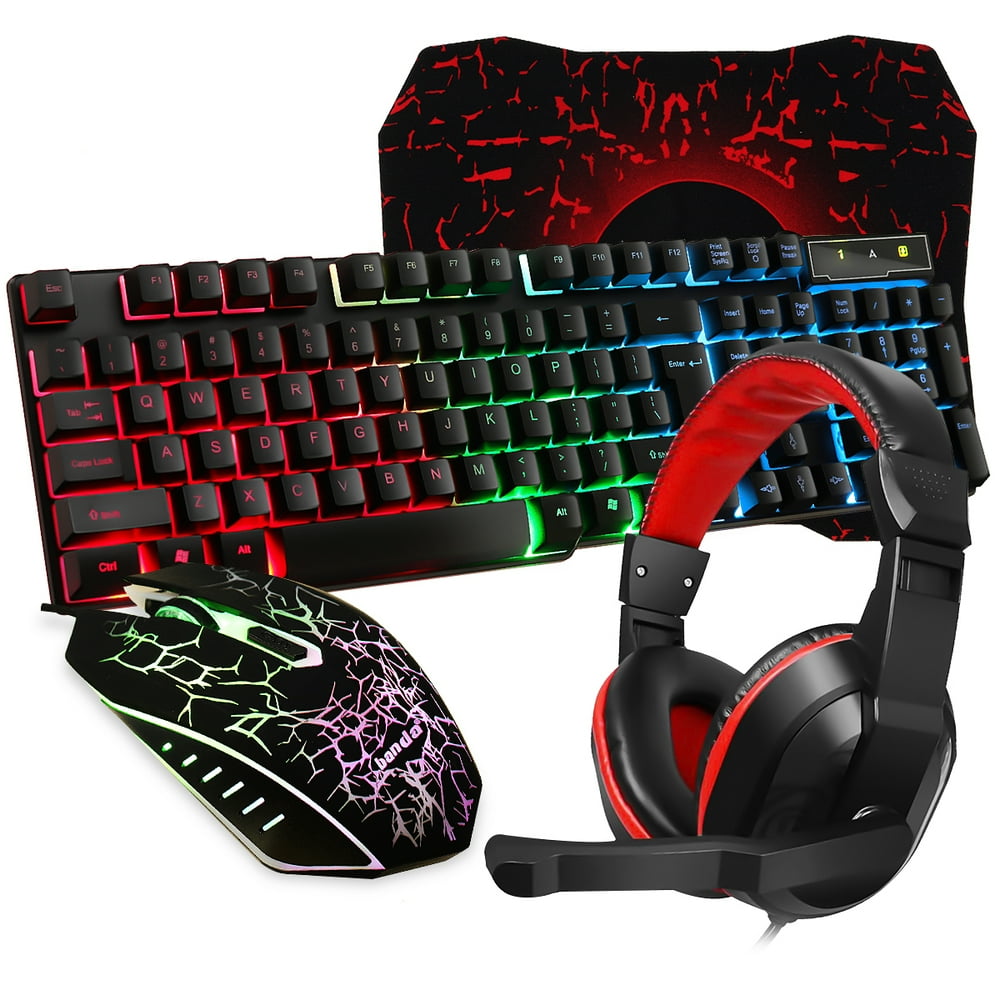 Gaming Keyboard and Mouse Combo with Headset, RGB Rainbow Backlit 104 Keys USB Wired Keyboard