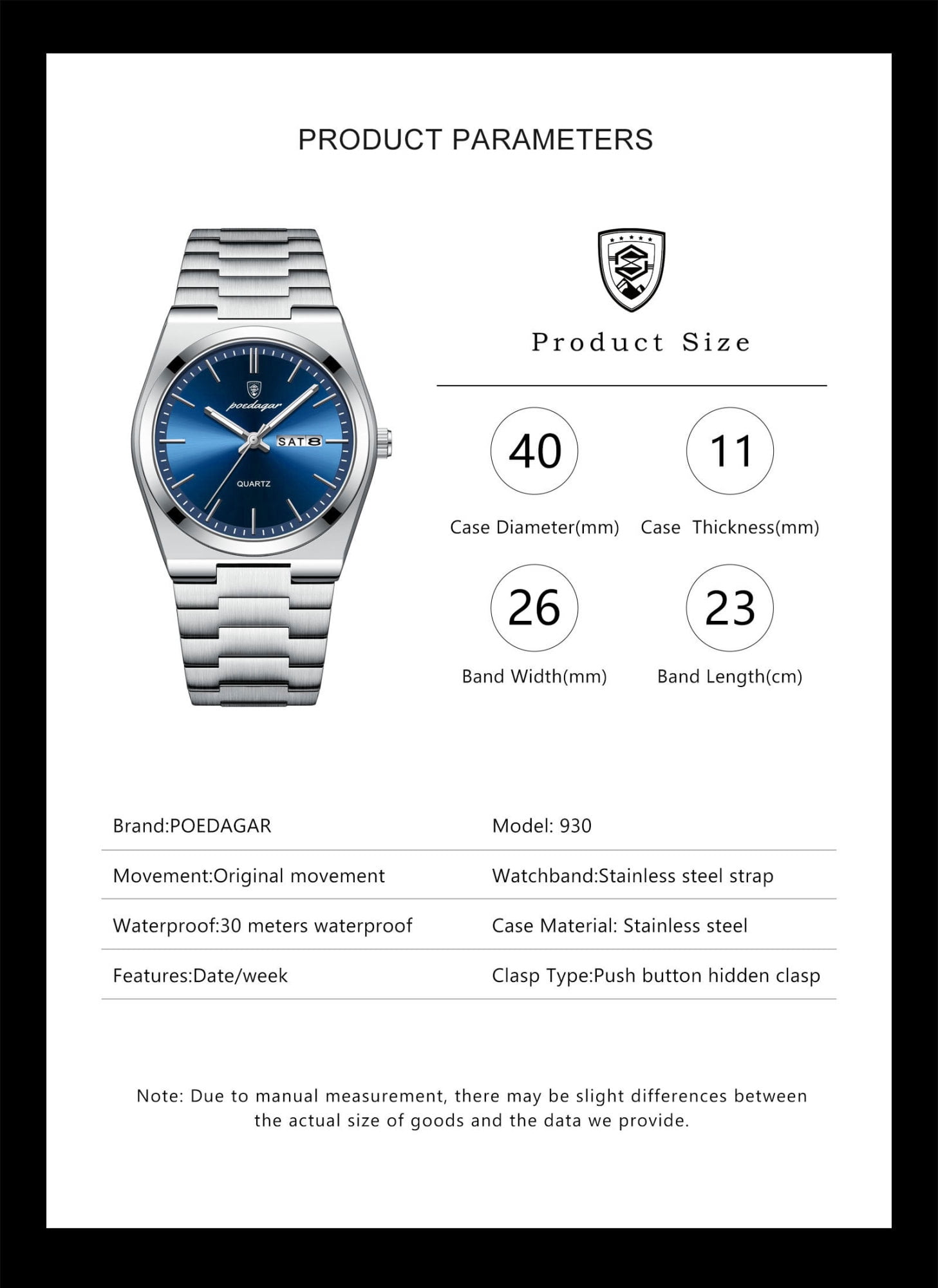 POEDAGAR Men Blue Quartz Stainless Steel Fashion Watch Analog Waterproof Luminous Date Wristwatch
