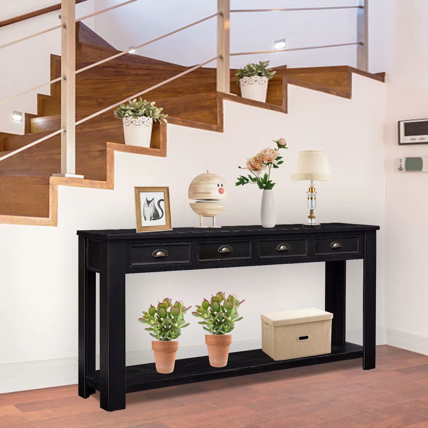Kinbor 60'' Console Table Entryway Hallway Decoration Drawers Shelf Painted Black Rustic
