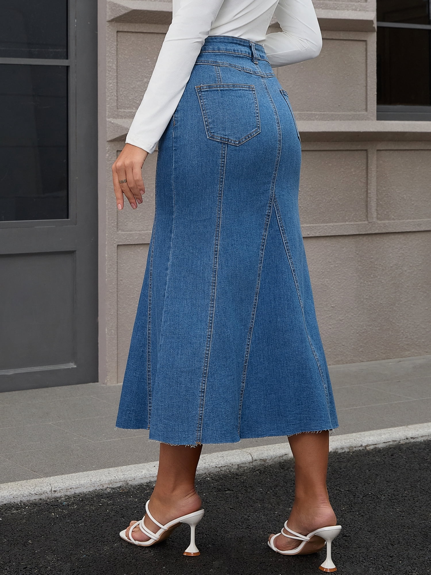 DARING DIVA Women's Fishtail Jean Stretchy Midi Denim Skirts Medium Blue