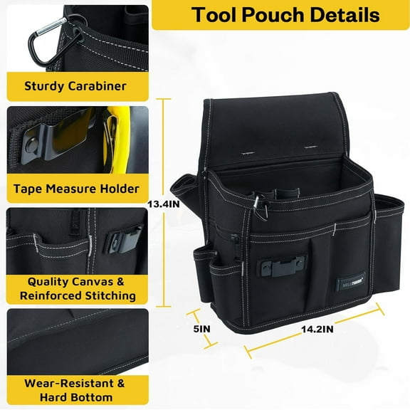 Electrician Tool Pouch with 14 Pockets, Adjustable 2-Inch Belt, Left Right Hammer Holder, Black