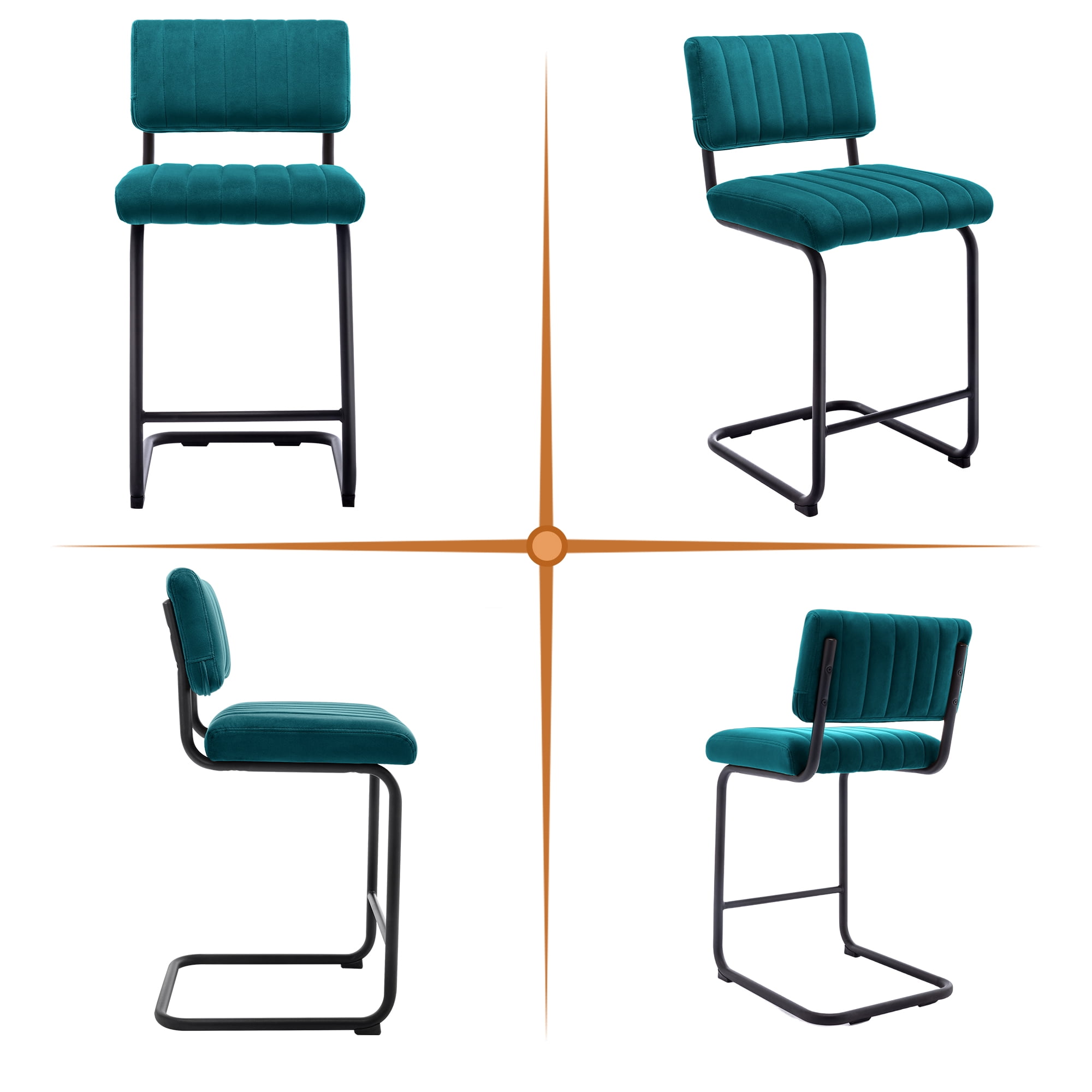 ONEVOG 24"H Counter Height Bar Stools Set of 2, Modern Velvet Upholstered Stool with Black Metal Legs for Kitchen Island, Teal