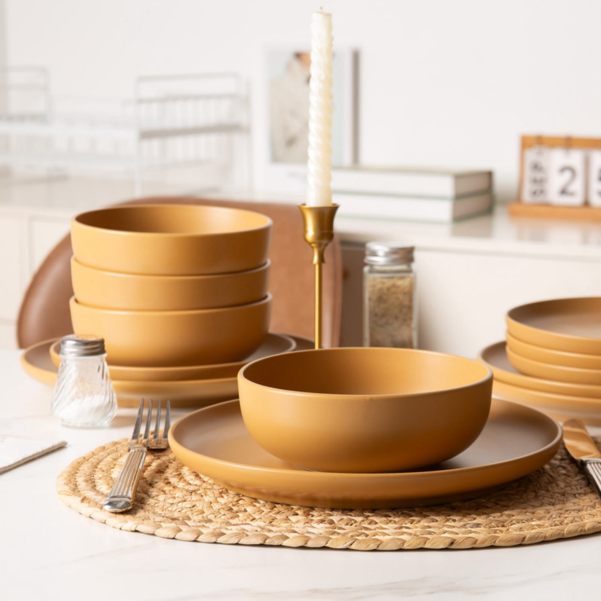 GARITIN 12-Piece Stoneware Dinner Plates Salad Plates Cereal Bowls Set, Microwave Dishwasher Safe Chip Resistant Stackable Matte Glaze Kitchenware Service for 4 Family Dining, Orange