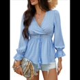 thumbnail image 1 of Blusa Cruzada con Cuello en V y Mangas Largas Abullonadas para Mujer, Camiseta Informal con Dobladillo con Volantes para y Verano. Azul XL, 1 of 10