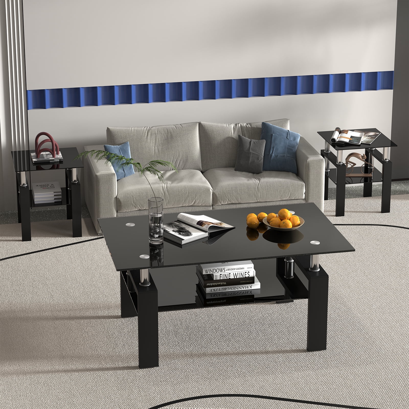 Black Glass End Tables, Small Glass Top End Table, Black Side Table, Square Shape, Tempered Glass Top, Metal Frame, for Living Room Bedroom (All Black, 1Pcs End Table)
