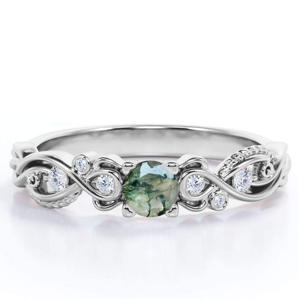 JeenMata Seven Stone 1.75 Carat Round Brilliant Cut Solid Finely Veined Moss Green Agate and Moisssanite Victorian Style Filigree Engagement Ring in 18K White Gold Plating over Silver