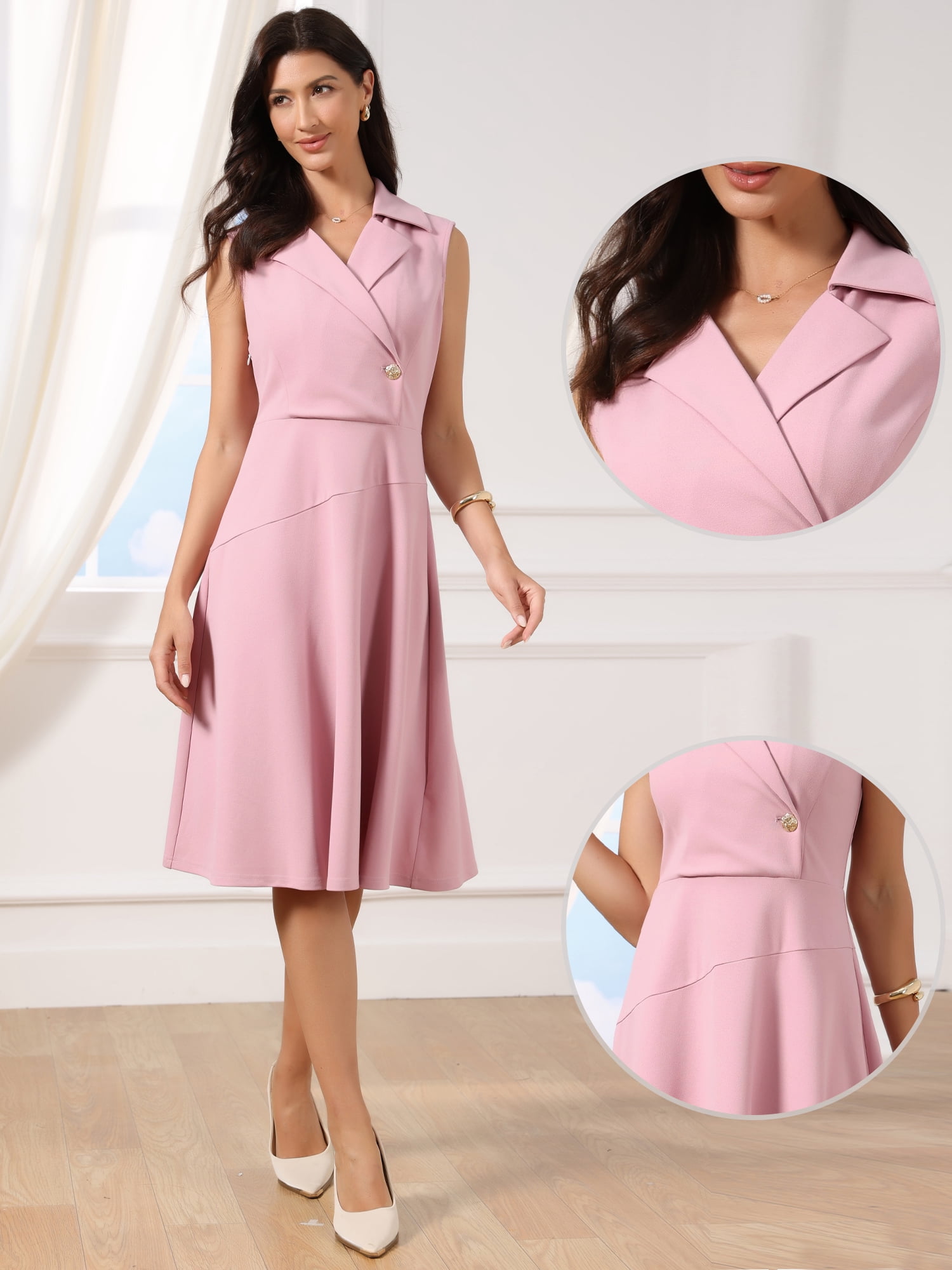DARING DIVA Women's Cocktail Notch Neck Wrap Sleeveless Work Midi Blazer Dresses S Pink