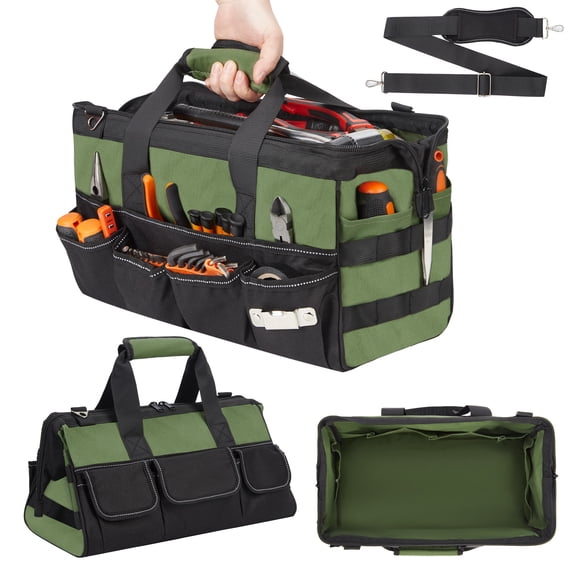 15 Inch Heavy Duty Tool Bag with 28 Storage Spaces, Wide Mouth Electrician Tool Organizer with Adjustable Shoulder Strap, Portable Soft Handle Tool Storage Bag for Electricians, Plumbers (Green)