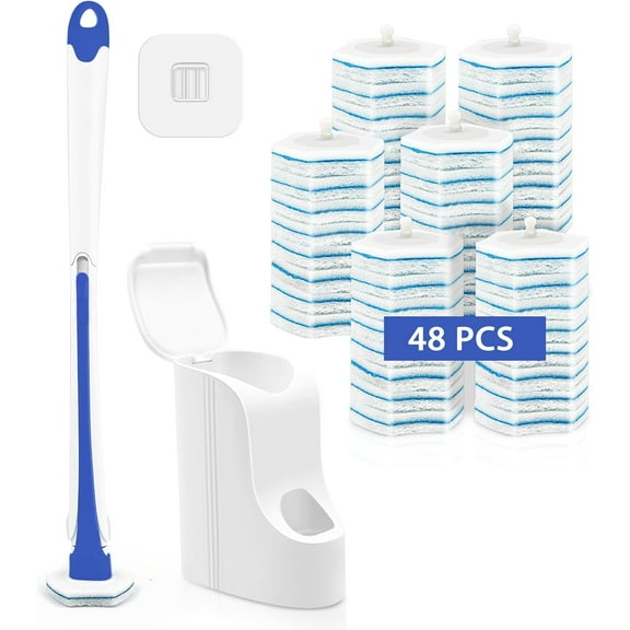 **disposable toilet brush with 48 wand cleaner refills, wall mounted toilet bowl brush holder set, bathroom cleaning system for sink bathtub wash basin (blue)