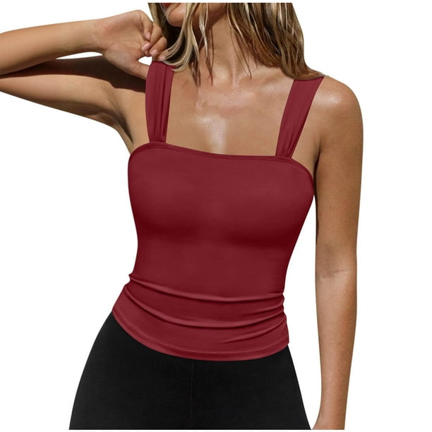 Blusa de poliéster para mujer, sin mangas, con cuello cuadrado y tirantes finos, de color liso