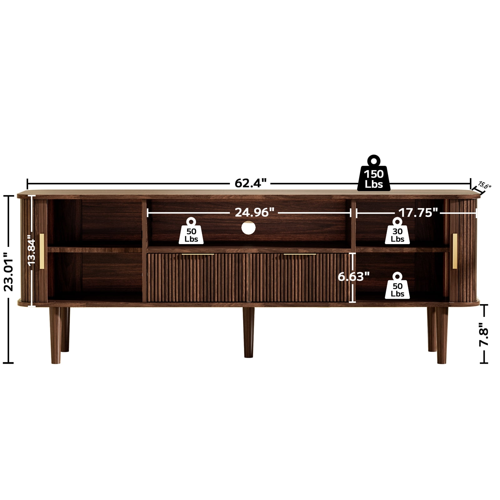 TV Stand 62.4 Inch Mid Century Modern Media Console Table with Drawer Shelves Sliding Tambour Door Farmhouse Sideboard Buffet Cabinet Fits TVs up to 75 inch Fluted Wood Entertainment Center