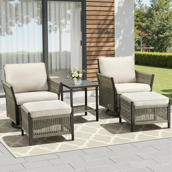 Lumiinofami 5 Piece Patio Outdoor Furniture Sets, Outdoor Wicker Conversation Sets with Swivel Glider Chairs, Ottomans and Side Table for Backyards Garden Porch, Beige Cushions