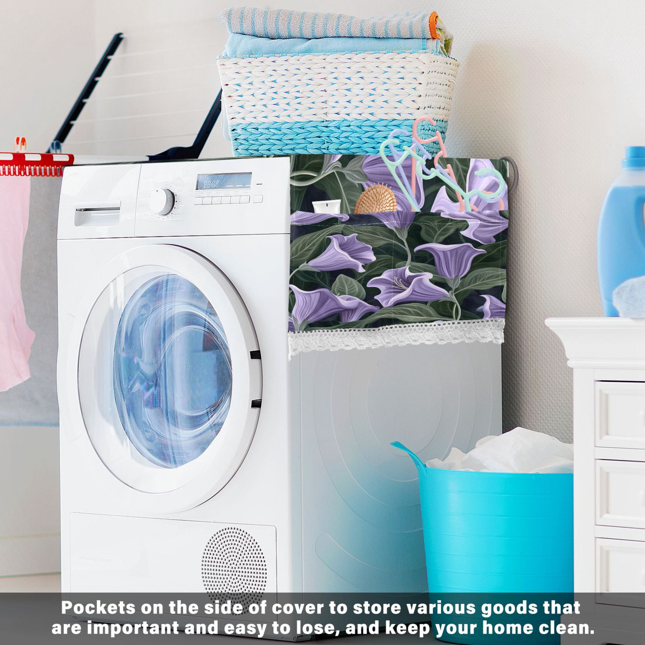 Purple Datura StramoniumWasher and Dryer Covers Dust-Proof and Oil Resistant Fridge Cover with 4 Storage Pockets Washing Machine Top Cover for Laundry Kitchen Home 51.2 x 22 In