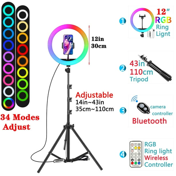 Anillo de luz para Selfie de 12 pulgadas y 30cm, trípode RGB, soporte para teléfono, anillo de luz para fotografía, luz de relleno circular, lámpara Led de Color, maquillaje Trepied Tan Jianjun unisex