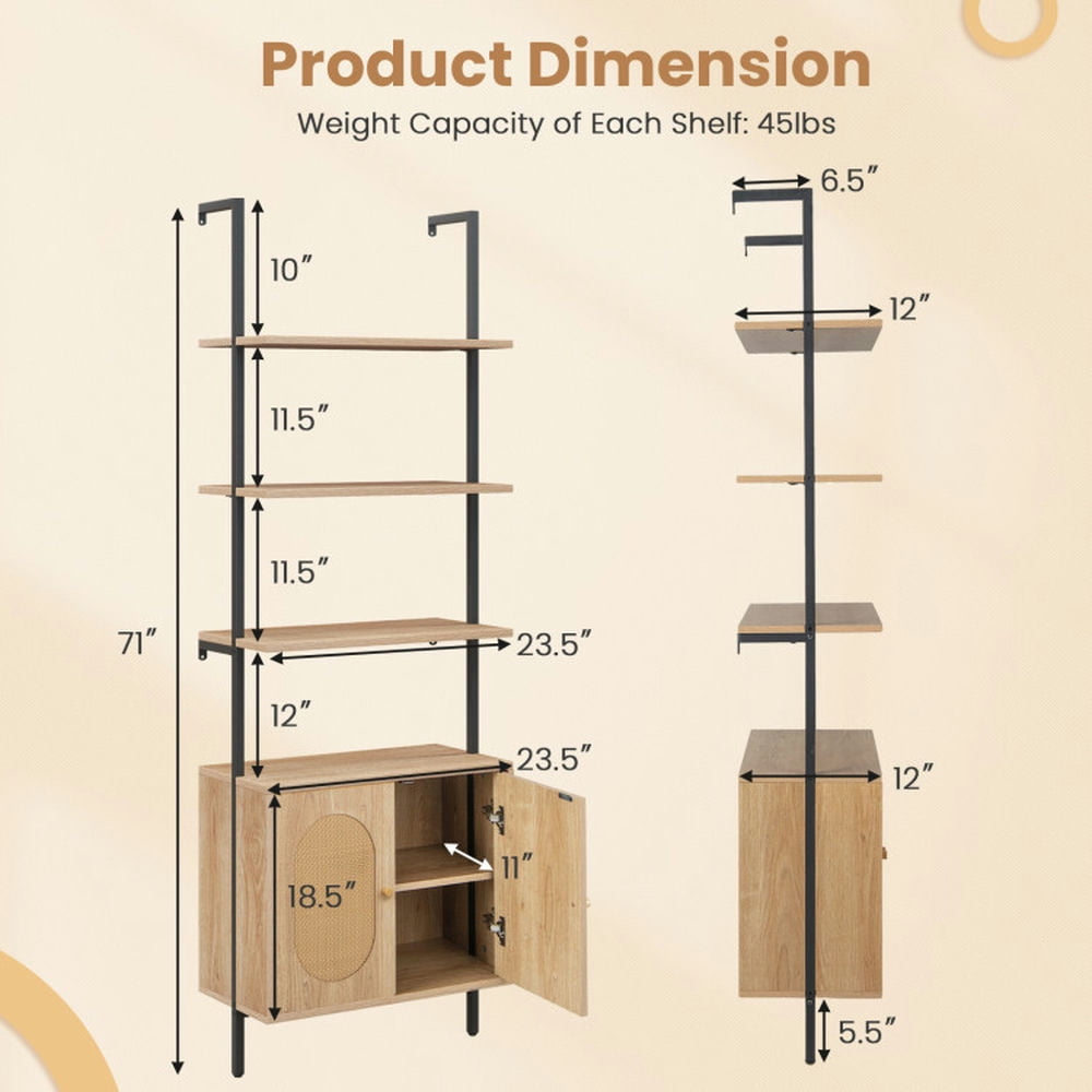 Demi Bonn 6-Tier Wall Mounted Ladder Bookshelf with Rattan Cabinet, 71" Free Standing Bookcase, Beige