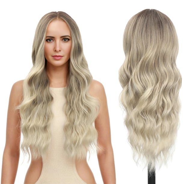 FUTAI Peluca larga ondulada de 30 pulgadas Ombre rubio ceniza HD frente encaje cuerpo rizado pelucas de pelo sintético para mujeres profesionales diversos estilos fiesta diaria Cosplay