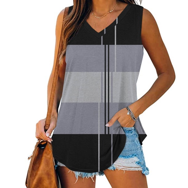 mfyjkho Camisetas Sin Mangas De Talla Grande, Blusa Informal Holgada Con Cuello En V Y Estampado Para Mujer Tops Elegantes Para Mujer S