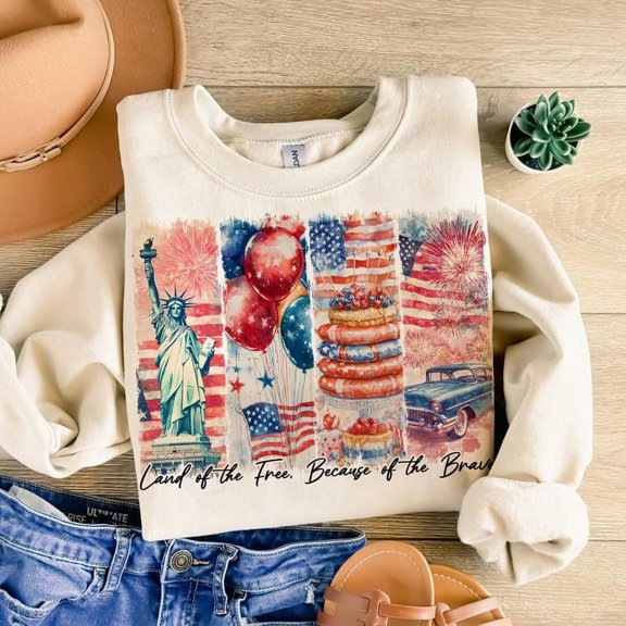 Land of the Free Because of the Brave Sweatshirt, Patriotic Veteran 4th of July Crewneck, Vintage USA Flag Pullover BTO