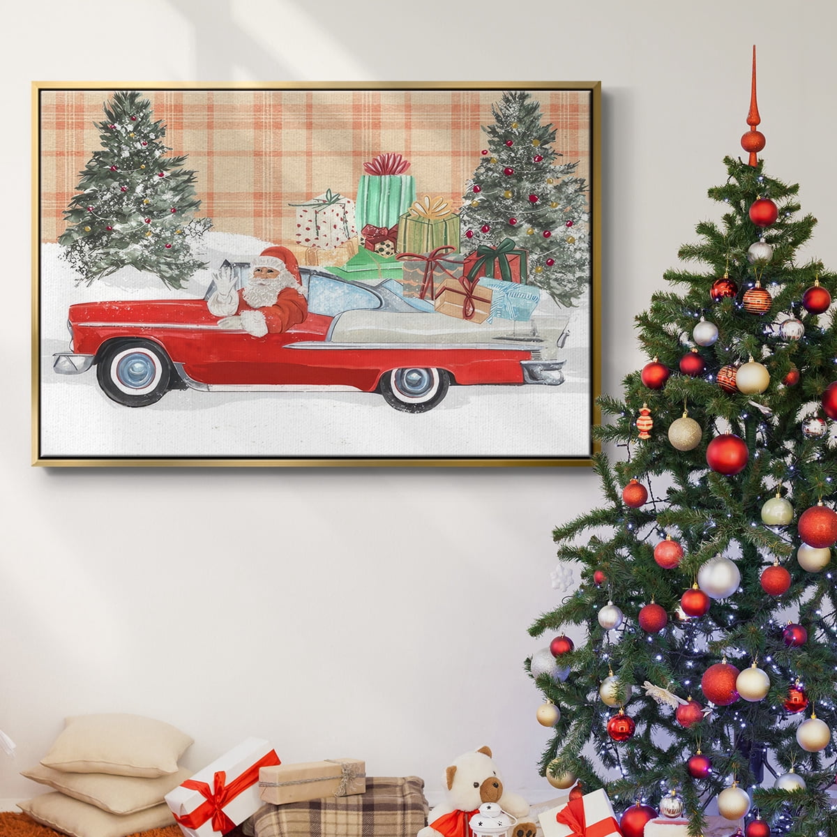 Santa on Wheels II - Framed Gallery Wrapped Holiday Canvas - 17 x 25 - Gold Frame
