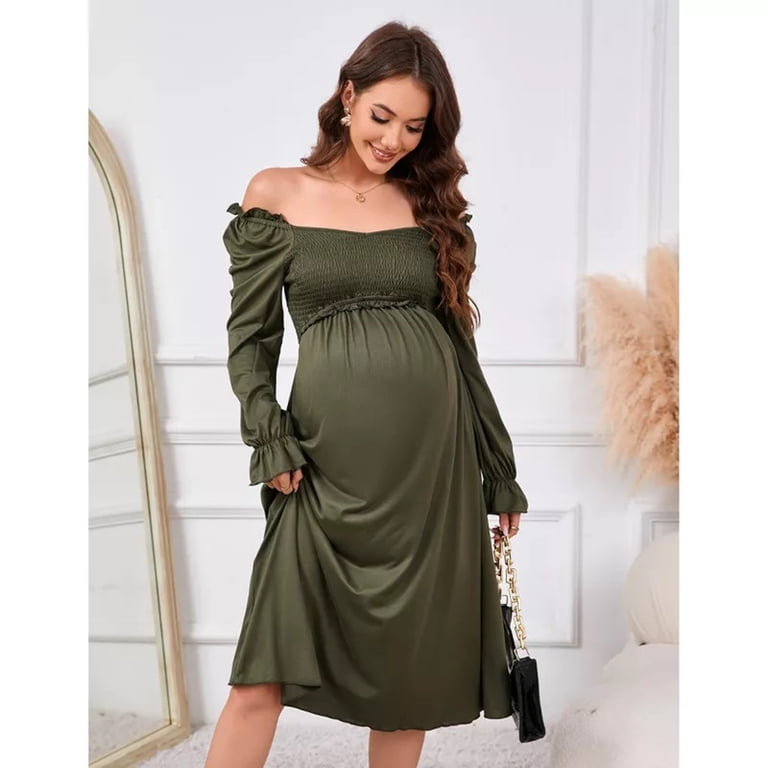 Women's V Neck Maternity Dress Long Sleeve Smocked Chest Midi Dress -  Walmart.com