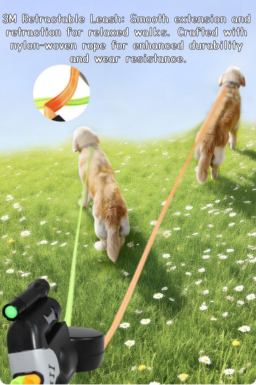 Retractable Double Dog Leash, Tangle-Free, LED Light, Poop Bag Holder, One-Handed Brake, Reflective