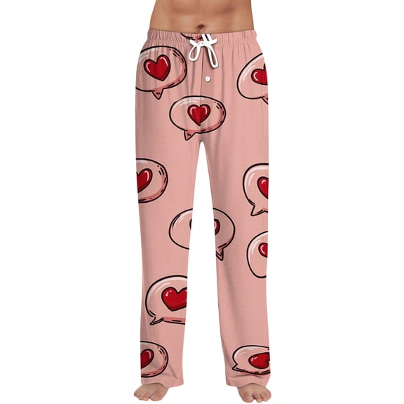Fgvctg Mens Pajama Pants Valentine's Day Fashion Sleepwear Wide Leg Pajamas Heart Print High Waisted Pjs Pant Plus Size Spring Fall Drawstring Lounge Pants with Pockets Red 2XL